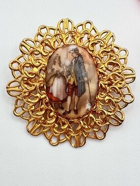 Vintage Courting Couple Filigree Cameo Brooch Victorian Revival Transfer Image